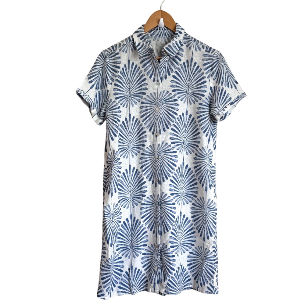 Joie Tropical Palm Print Linen Shirt Dress XS Blue Coastal Euro Summer Pockets